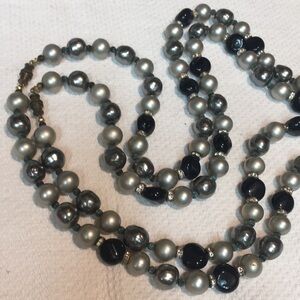 Set/2 Classic Faux Grey-tone & Black Pearl Necklace with round Crystal Stations